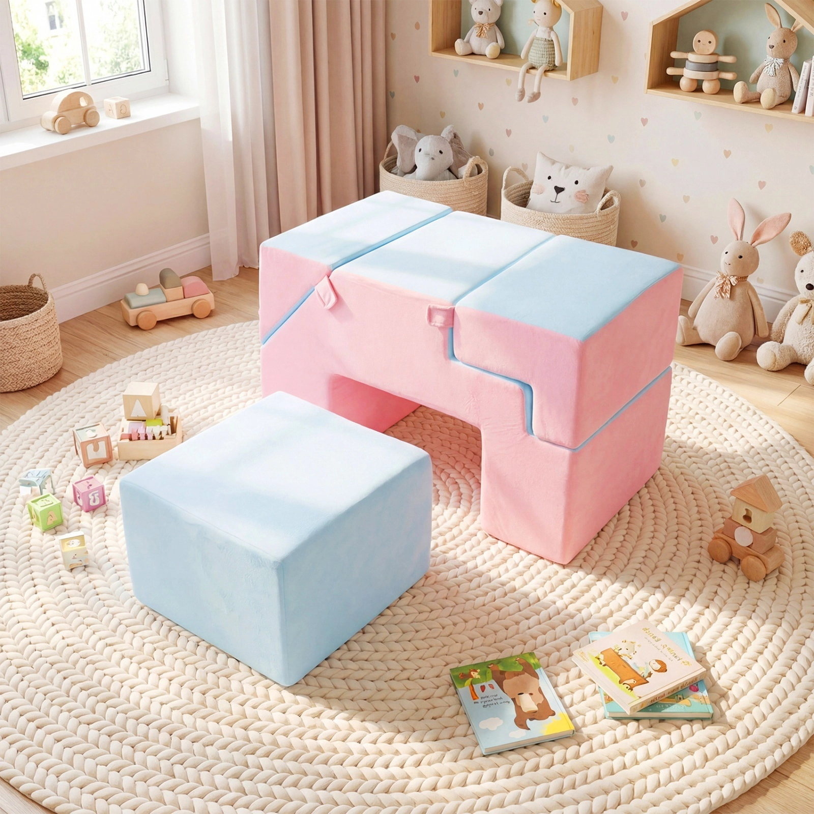 4-in-1 Foam Climbing Blocks Toddlers Crystal Velvet Indoor Climb Crawl Slide Sit Set Foldable Soft Play Toys Pink