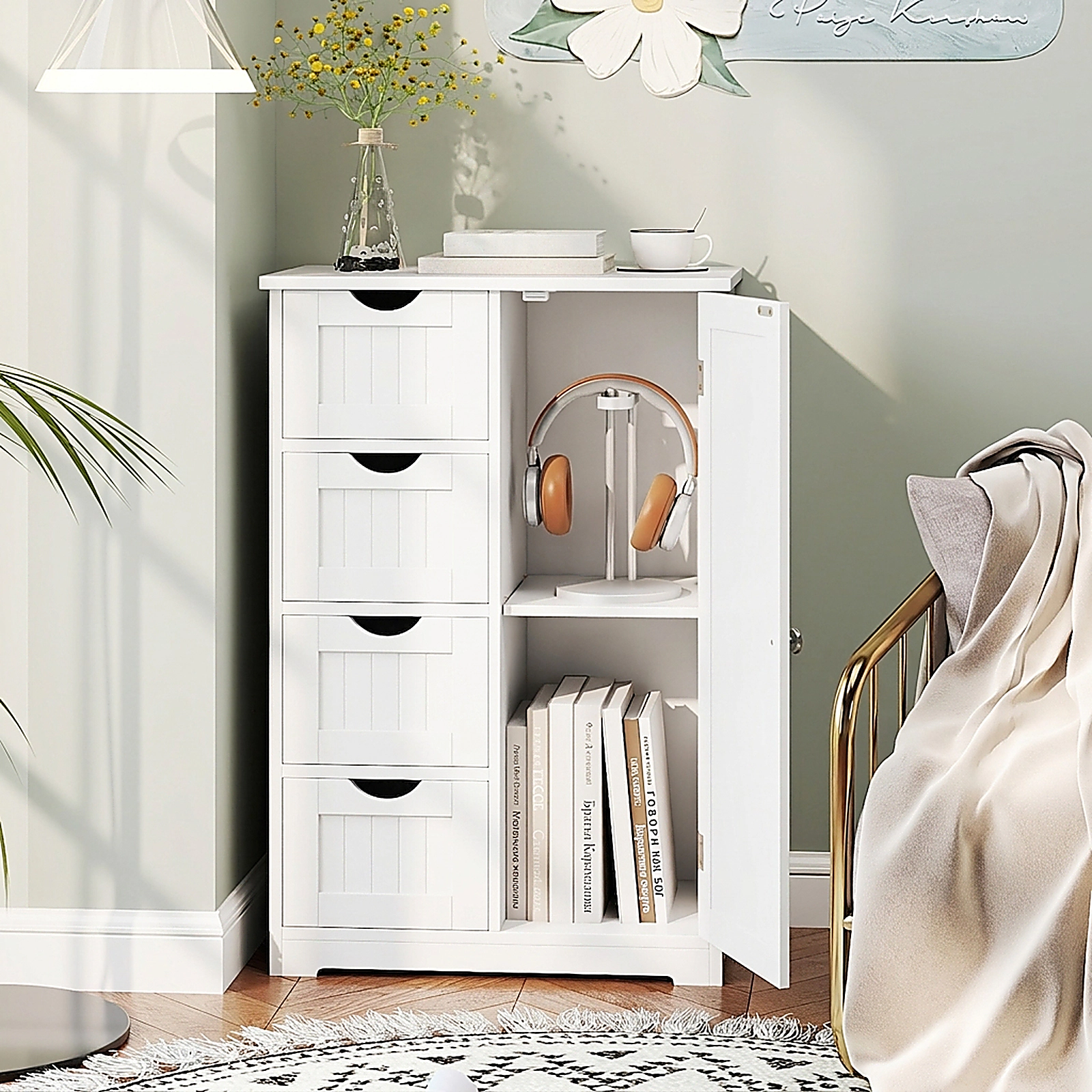 SUGIFT White 143-lb Capacity 4-Drawer Freestanding Wood Storage Cabinet with Side Door and Anti-Tip Kits
