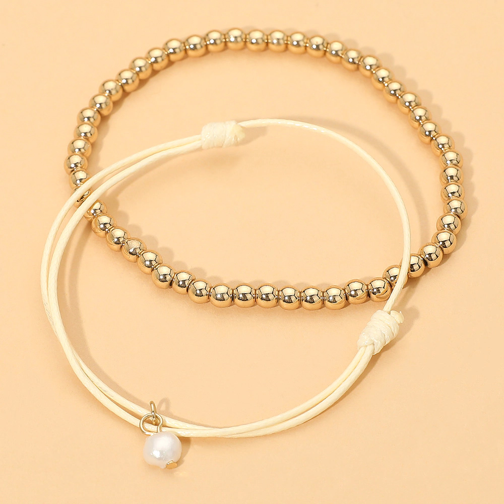 FASHNZFAB 2PCS - Metal Ball Stretch Pearl Charm Adjustable Bracelets - Gold, Ivory