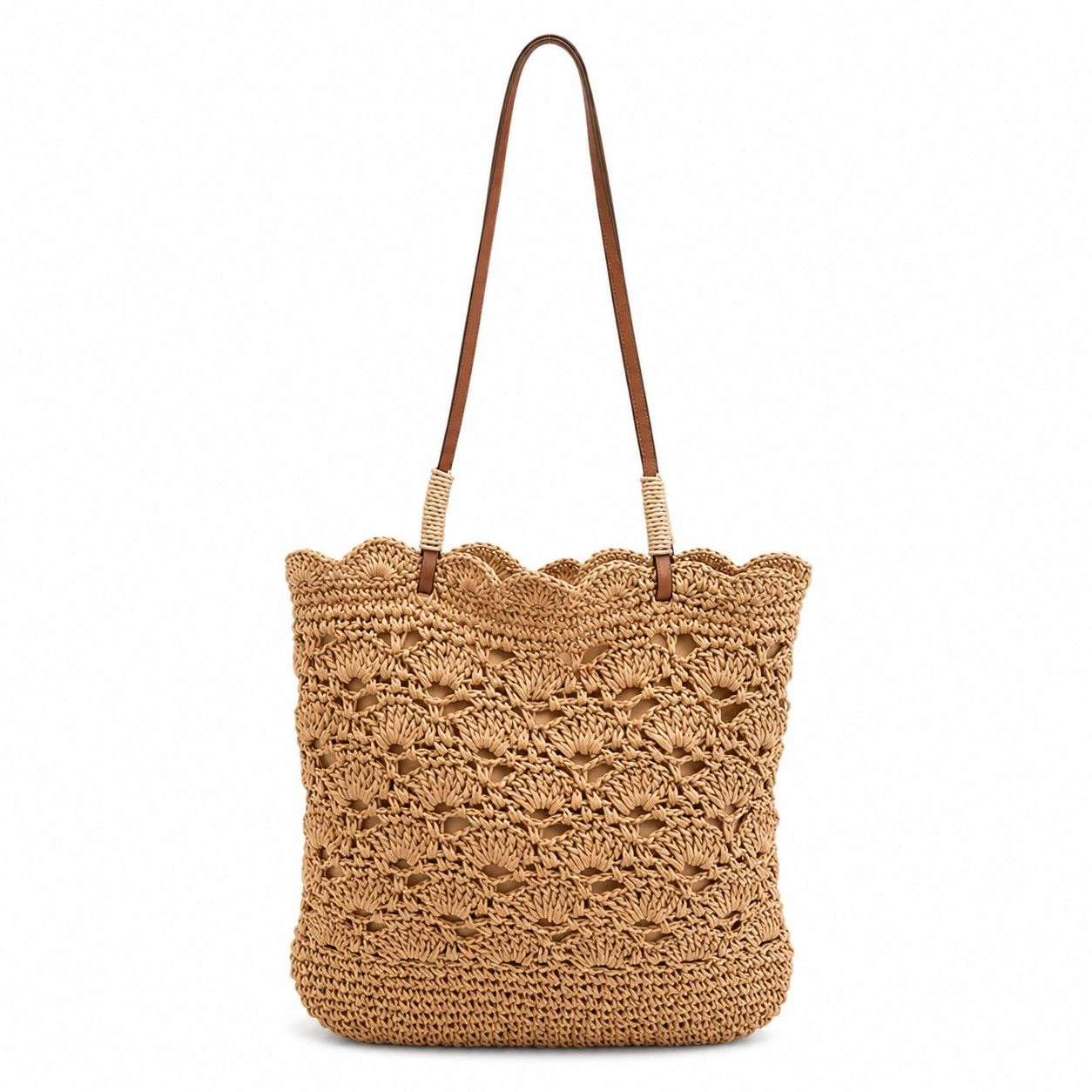 Alilang Women's Crochet Woven Shoulder Bag with Zip Closure and Scalloped Bucket Shape, Khaki