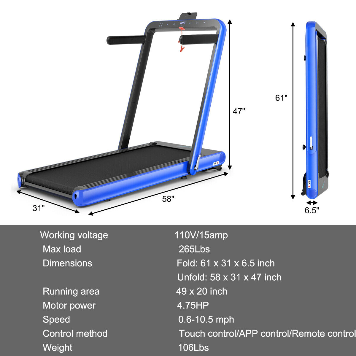 SUGIFT Navy 4.75-HP 2-in-1 Folding Treadmill with 49-in Running Belt 58-in W 31-in D 265-lb User Capacity