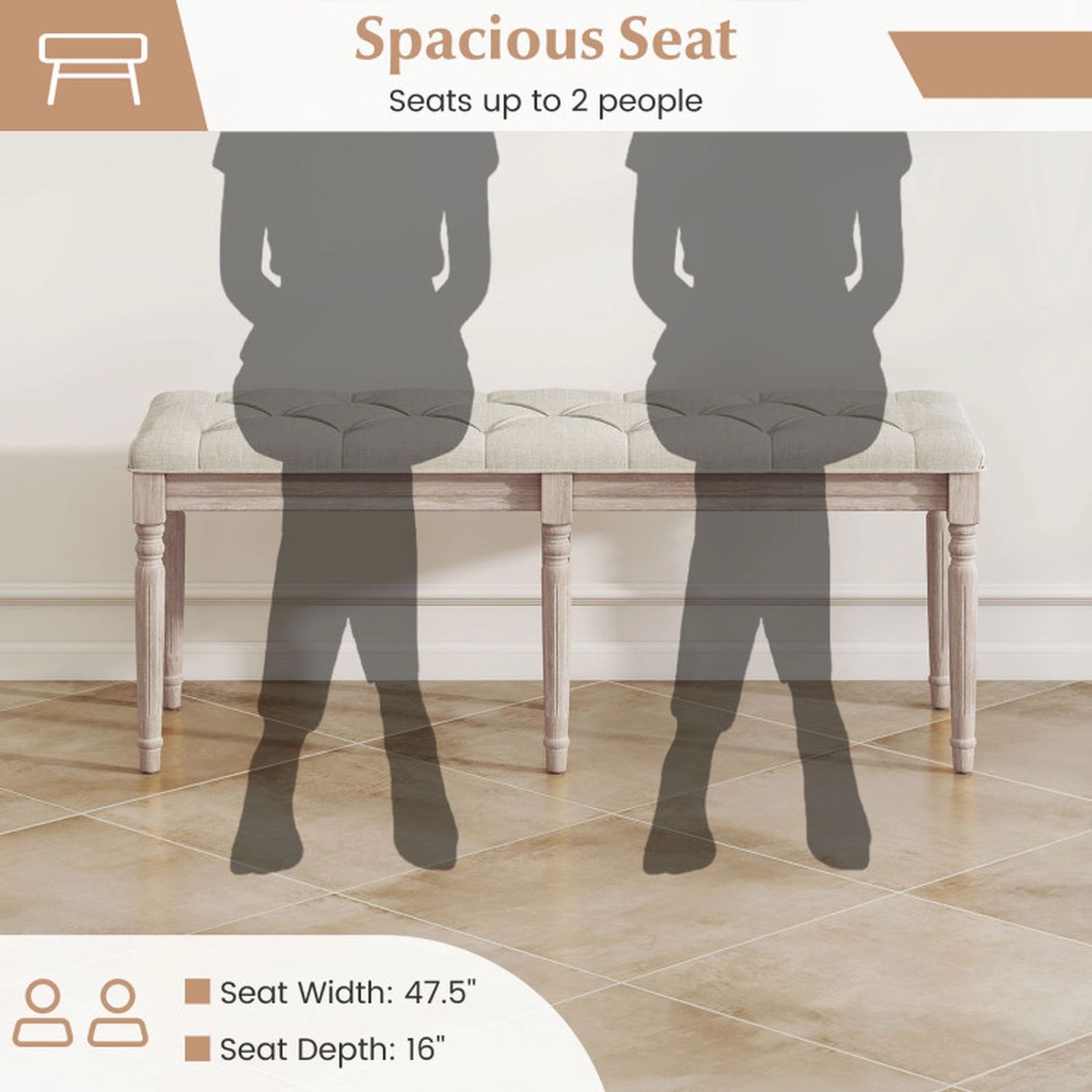 SUGIFT 47.5-In Beige Tufted Linen Upholstered Bedroom Bench, 440-Lb Capacity, Rubber Wood Legs