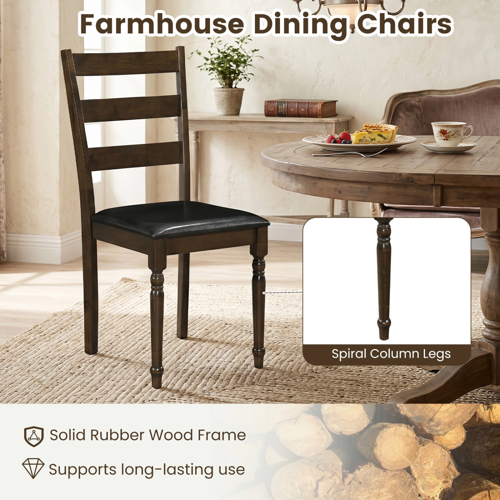 SUGIFT Farmhouse PU Leather Upholstered Dining Chairs Set of 2 with PU Leather Seat 330-lb Capacity Brown + Black