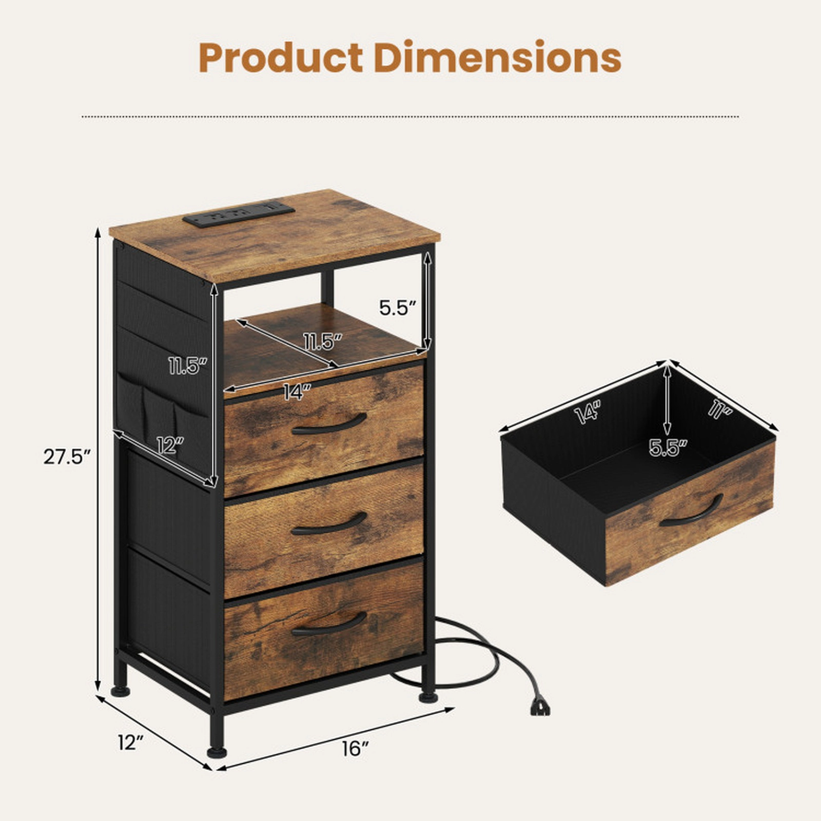 SUGIFT 27.5-in Rustic Brown Tall Nightstand with Charging Station, 3 Fabric Drawers and Side Pocket