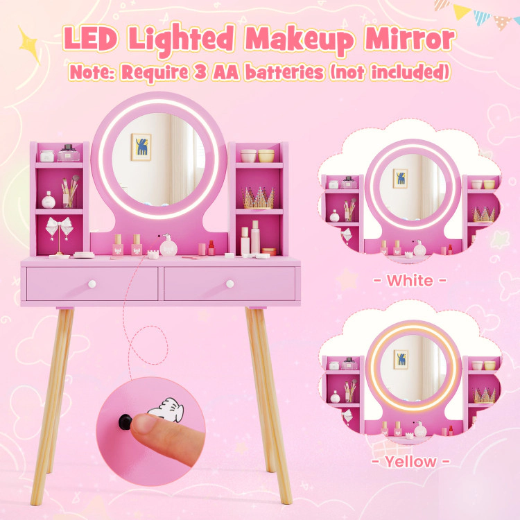 Hivvago Kids Vanity Set With Lighted Mirror And Storage Drawers