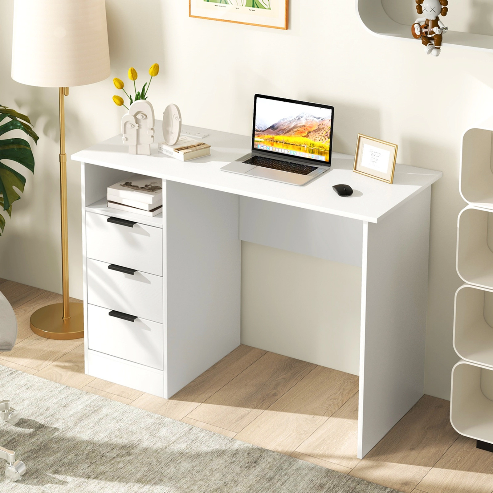 SUGIFT White and Gold Home Office Desk, 3 Drawers, Open Compartment, Charging Station
