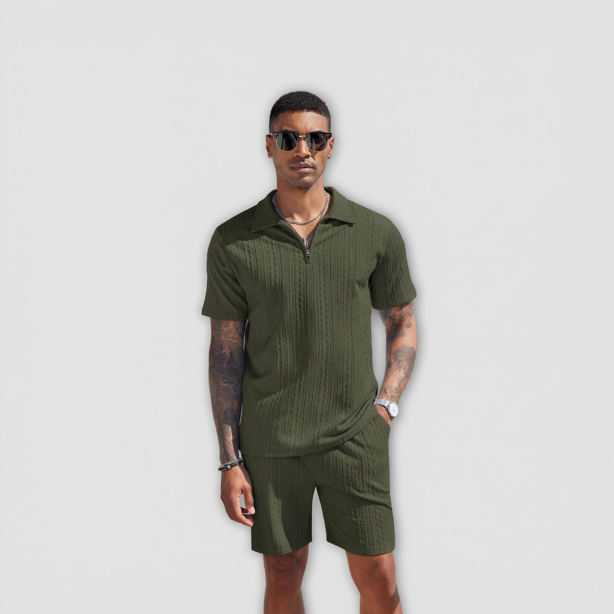 COOFANDY Mens Quarter Zip Polo Shirt Shorts Set Textured Short Sleeve Casual Outfit