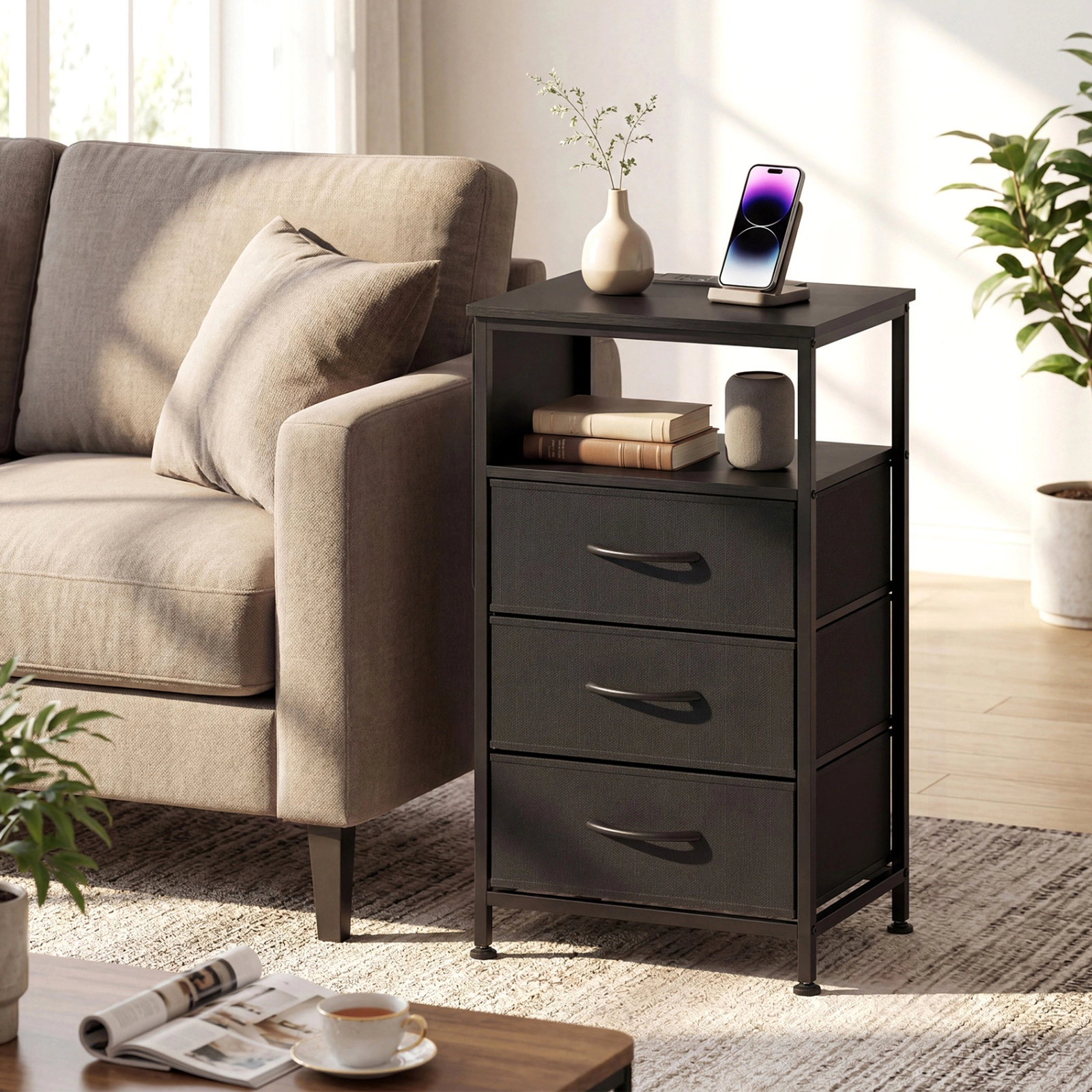 SUGIFT 27.5-Inch Black Metal Nightstand with 3 Folding Fabric Drawers and Charging Station
