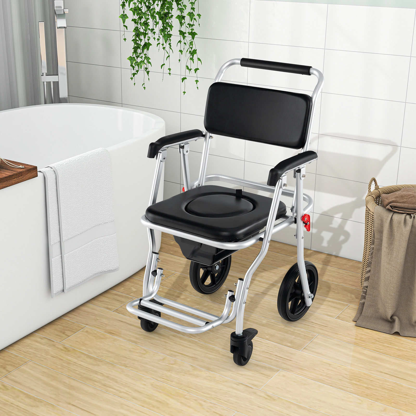 SUGIFT 4-in-1 Black Foldable Bedside Commode Chair with Bucket 30-in W 21.5-in D 38-in H 330-lb Seat Capacity