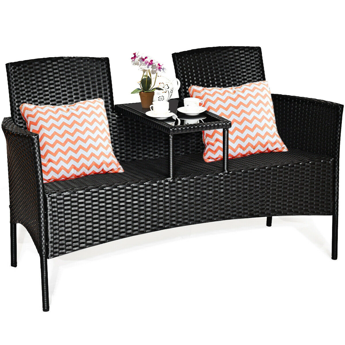 SUGIFT White Center Table and Removable Cushions Wicker Patio Loveseat Conversation Set
