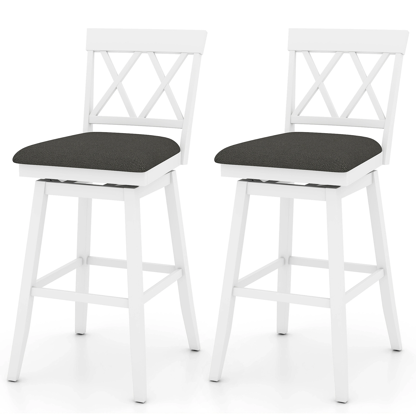 SUGIFT Upholstered Seat Cushion and X-Back Set of 2 White 29 in Swivel Bar Stools