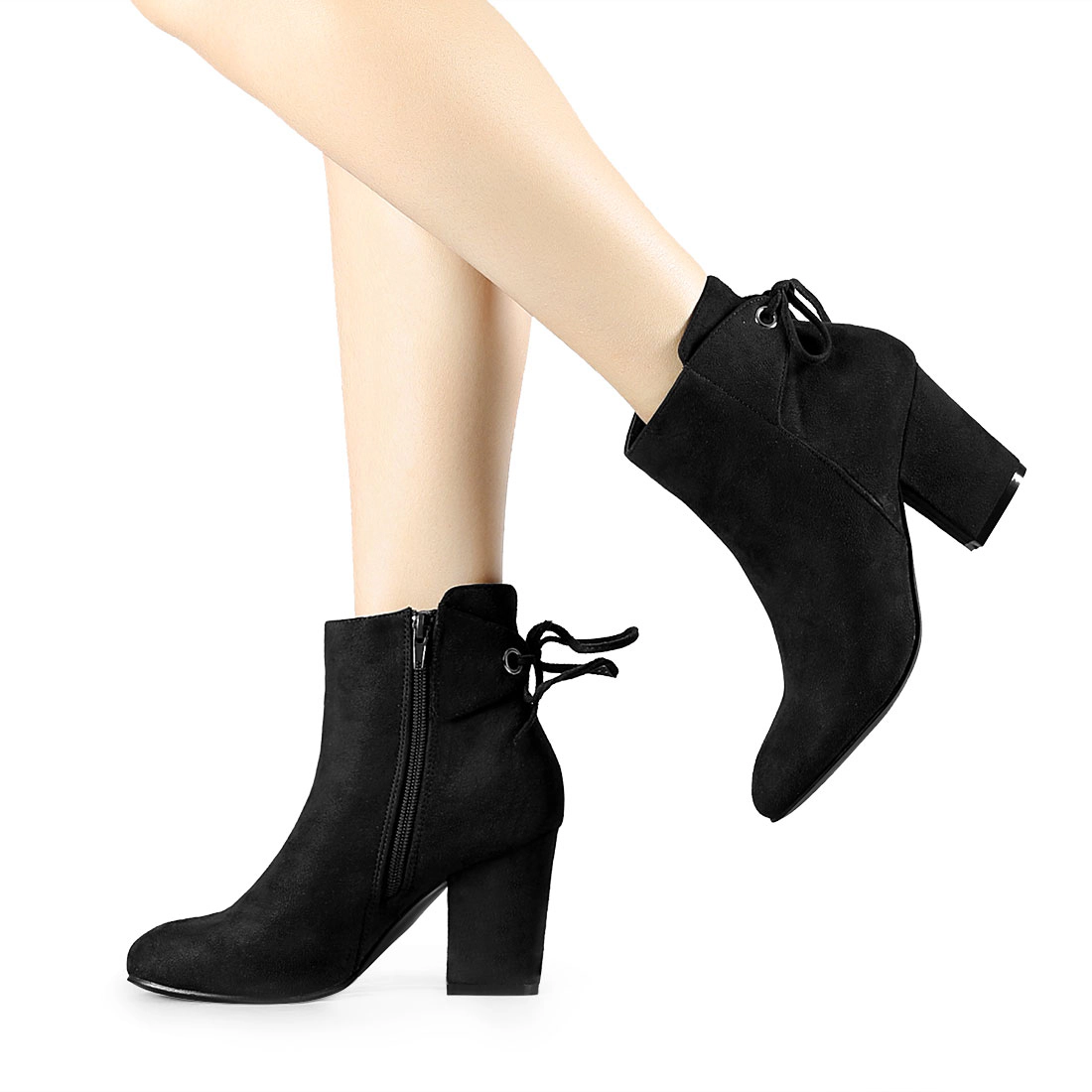 BLISSFUL STEP Women Faux Suede Round Toe Block Heel Zipper Lace Up Ankle Boots