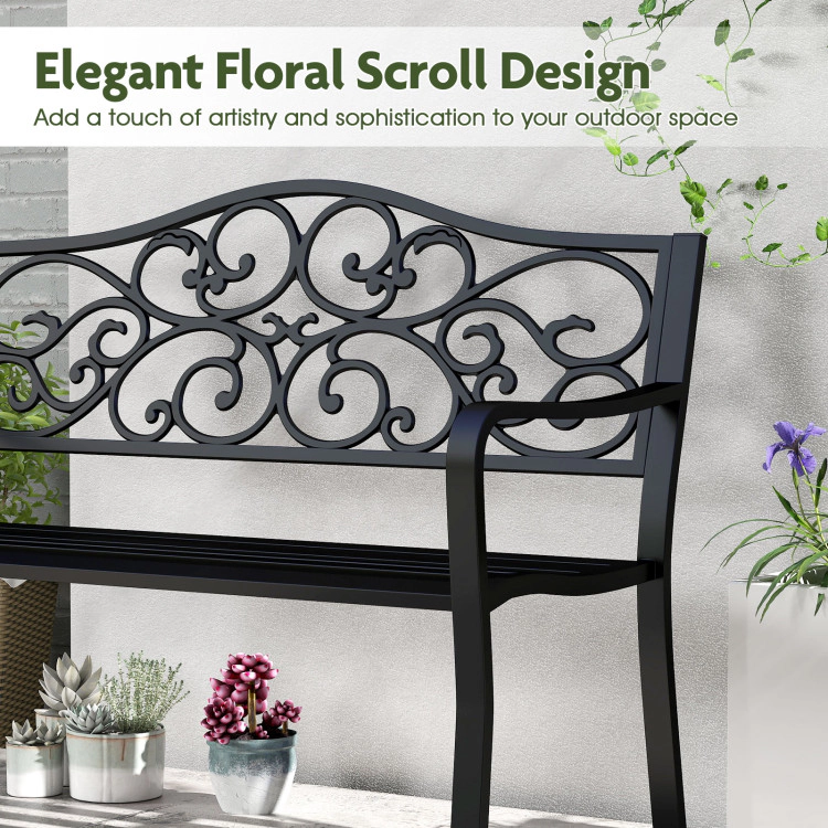 Hivvago 50 Inches Outdoor Cast Iron Metal Patio Bench With Floral Design Backrest And Slatted Seat