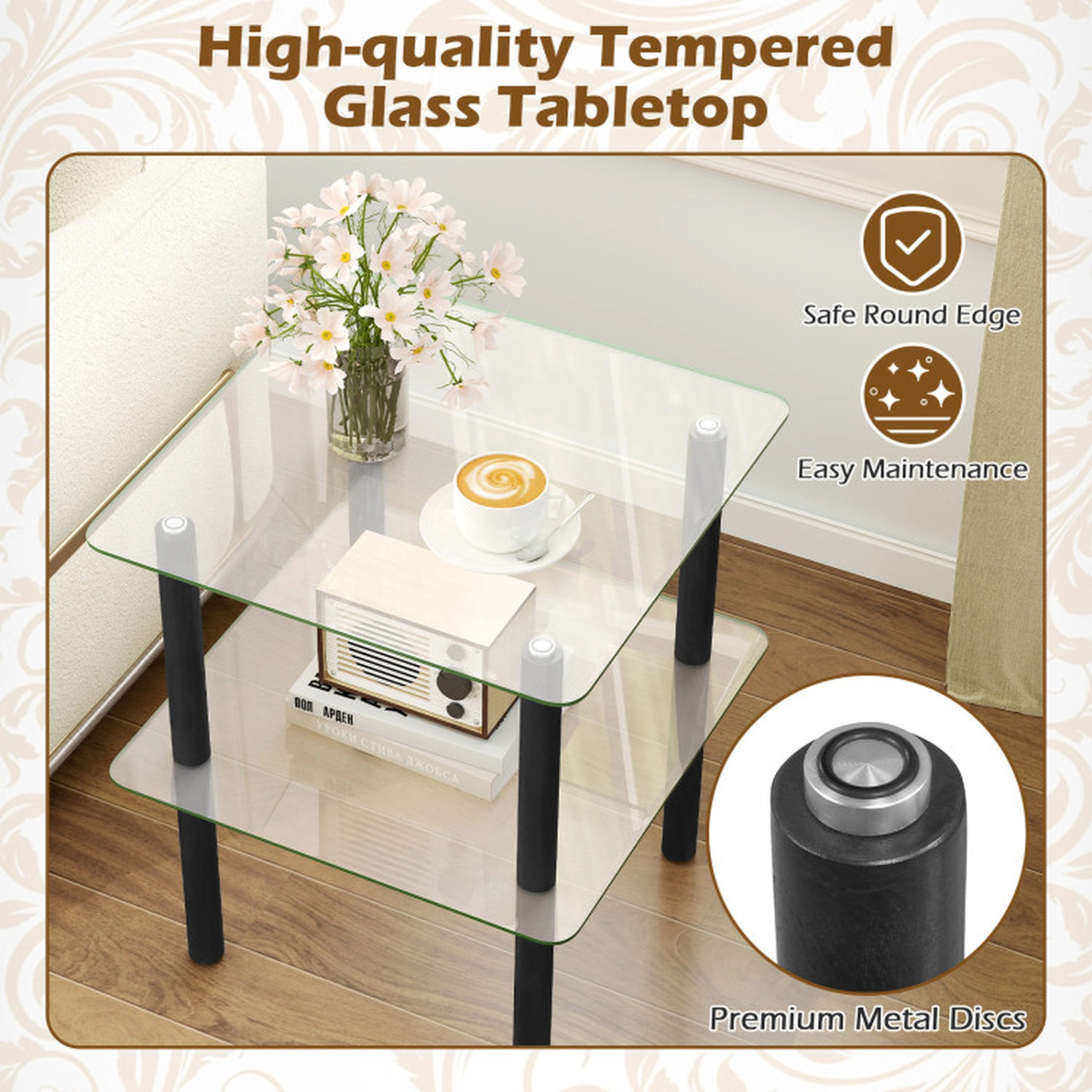 SUGIFT Clear Tempered Glass Top and Storage Shelf 2-Tier Black Square End Table