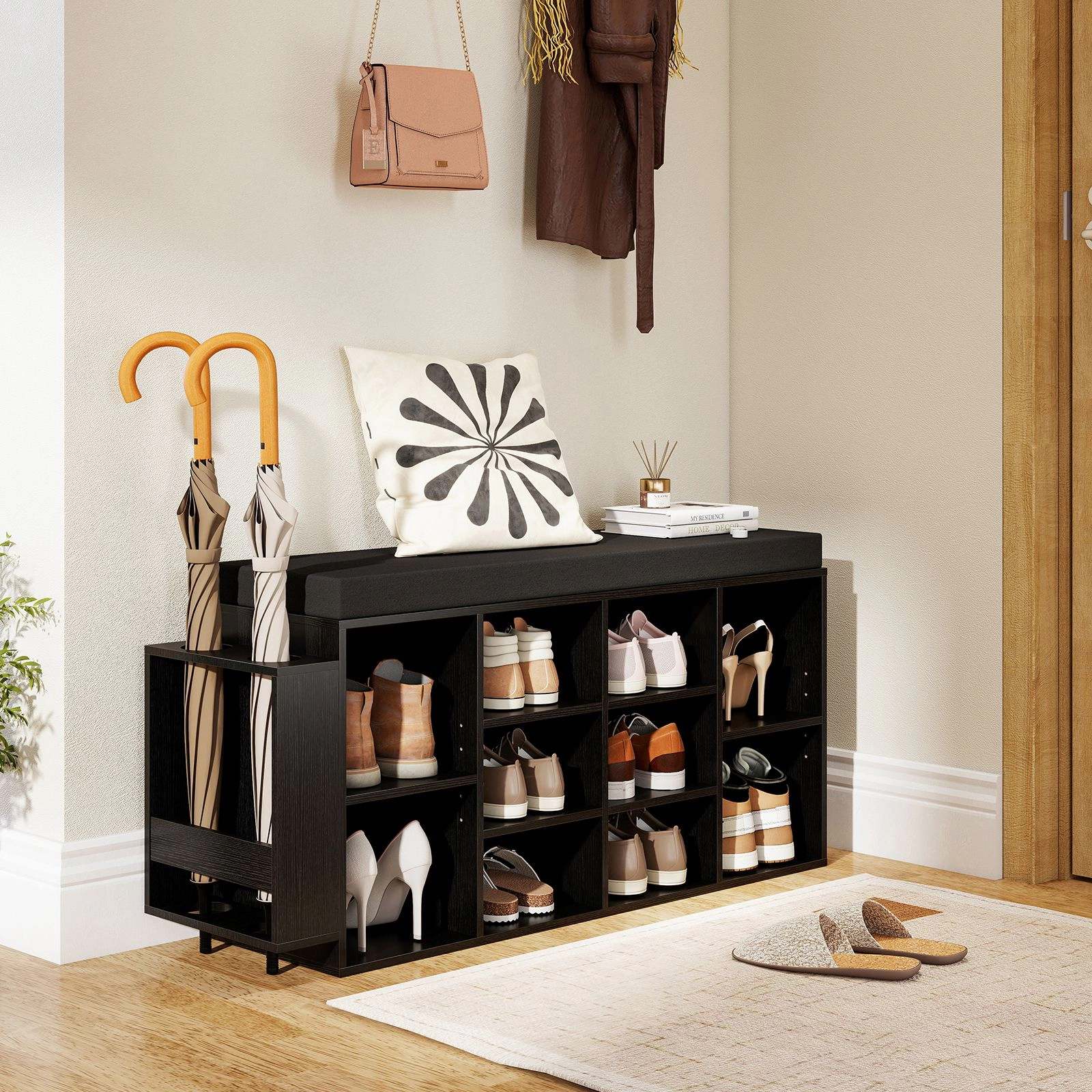 SlickBlue Entryway Shoe Bench with 10 Cubbies and Umbrella Holder
