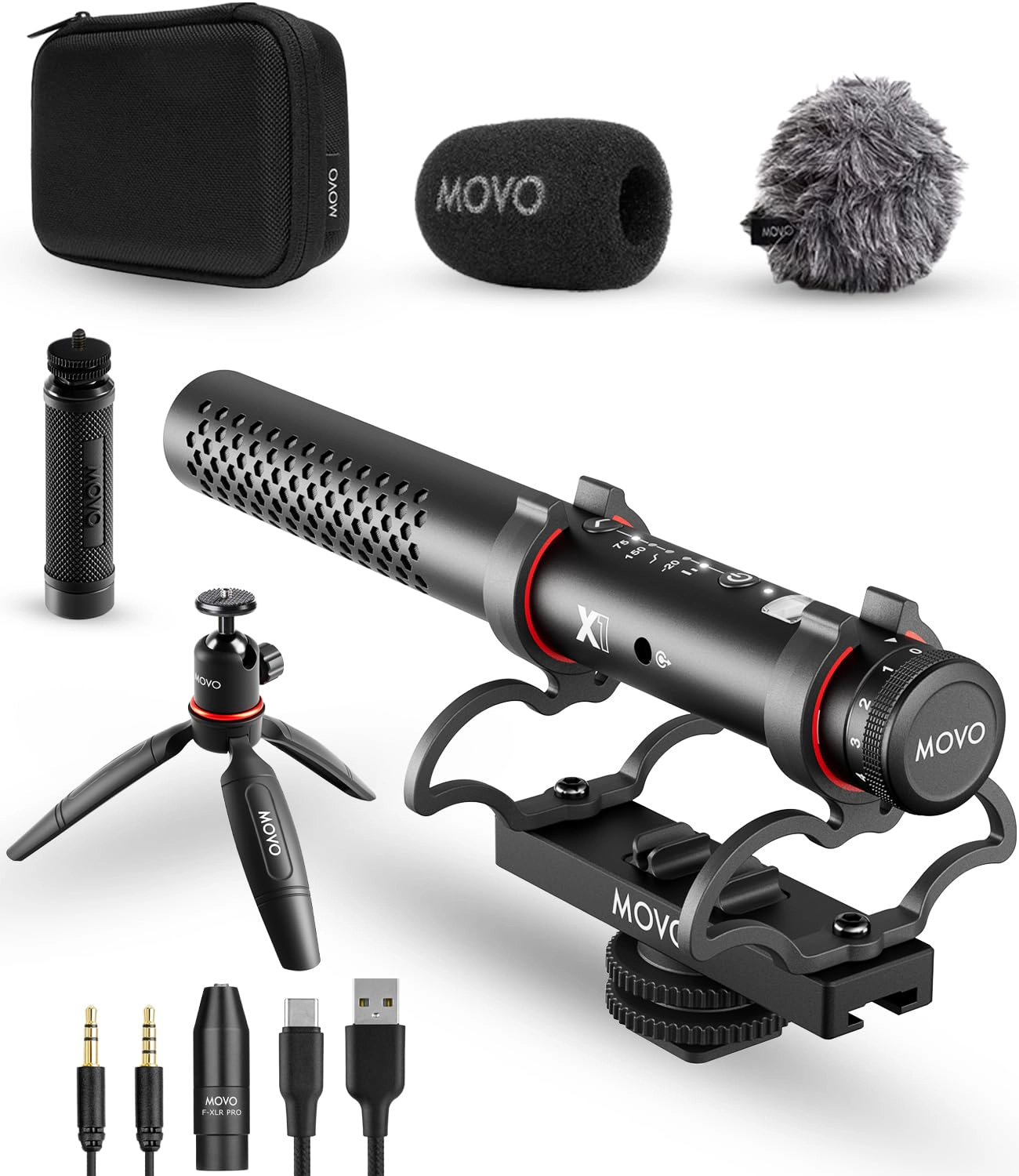 Movo X1 Supercardioid Shotgun Microphone - 3.5mm/XLR/USB-C Camera Mic for DSLR, Smartphones, and Computers