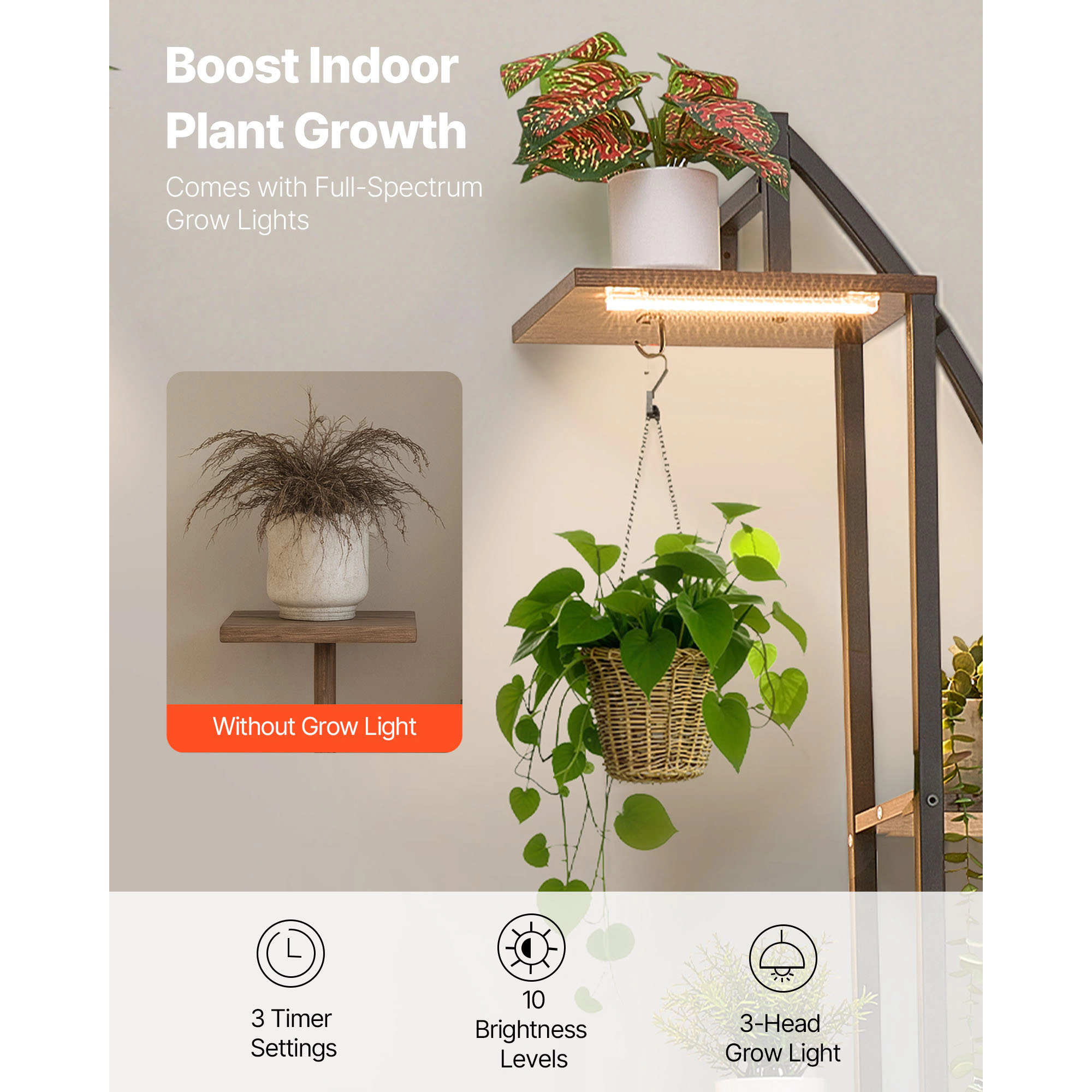 HONGGE Plant Stand Indoor with Grow Lights Lighted Plant Shelf 2 Pack Metal Corner Plants Holder 3 Timer & 10