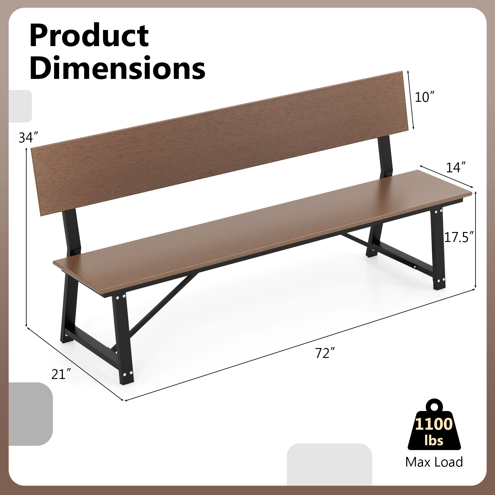 SUGIFT 72-in Extra Long Outdoor Garden Bench with Backrest 1100-lb Capacity Brown/Gray