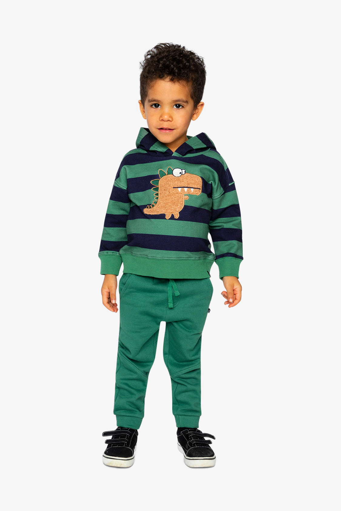 Deux par Boys Striped Fleece Hoodie with Dino Appliqu