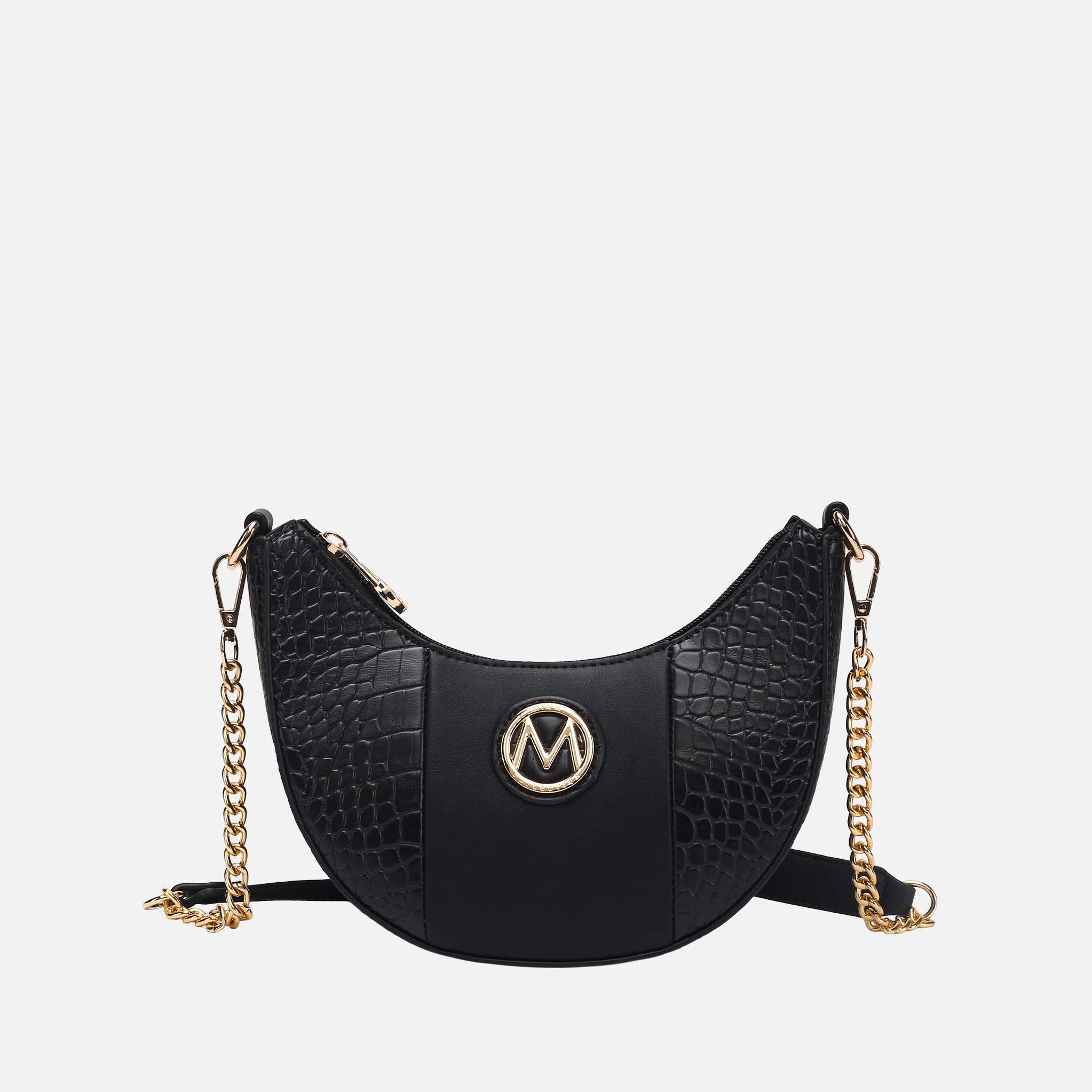 Mia K Collection Amira Crescent Vegan Leather Shoulder Bag - Croc-Embossed Half-Moon with Chain Strap