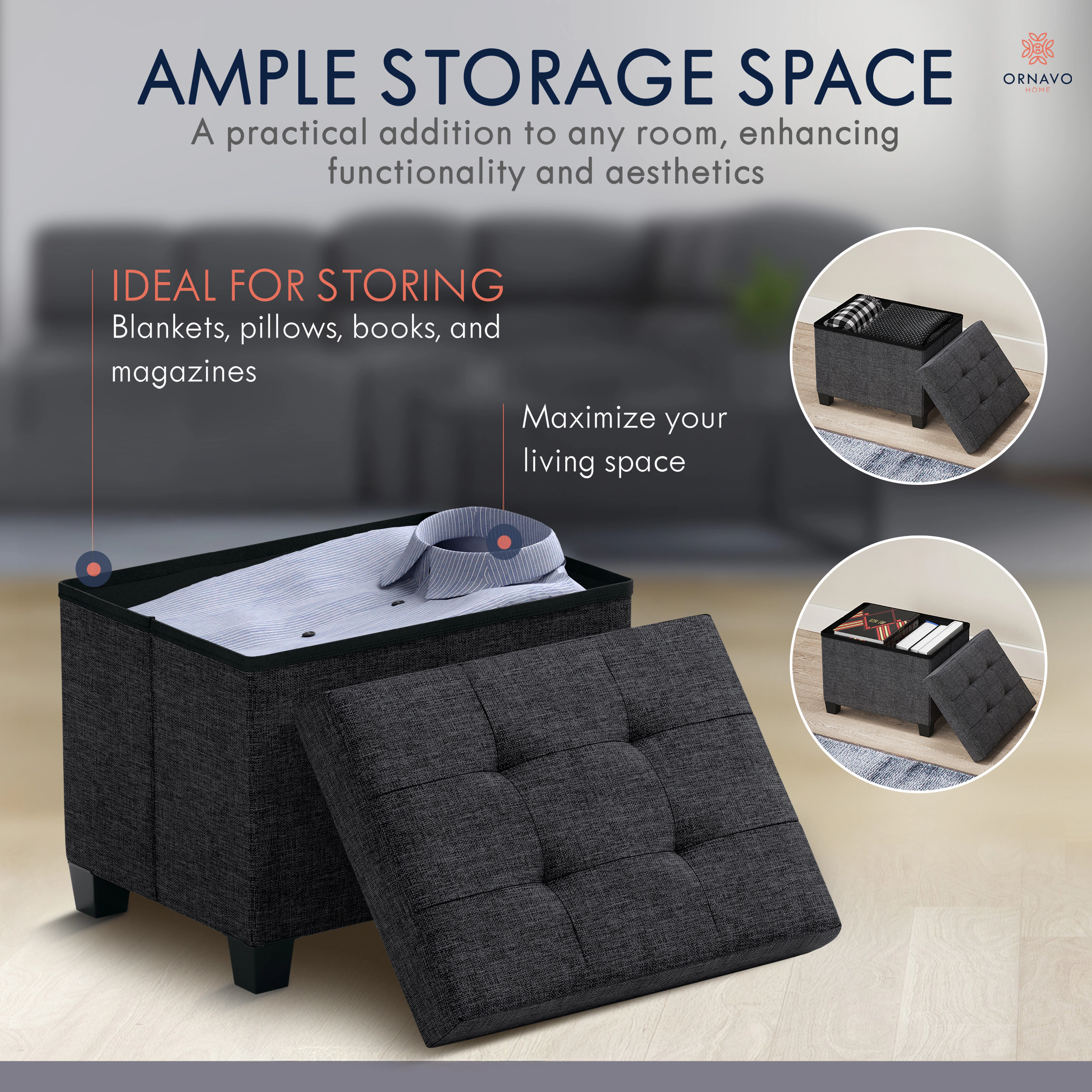 Ornavo Home Small Rectangle Storage Ottoman Foot Stool with Legs - 16" x 12"