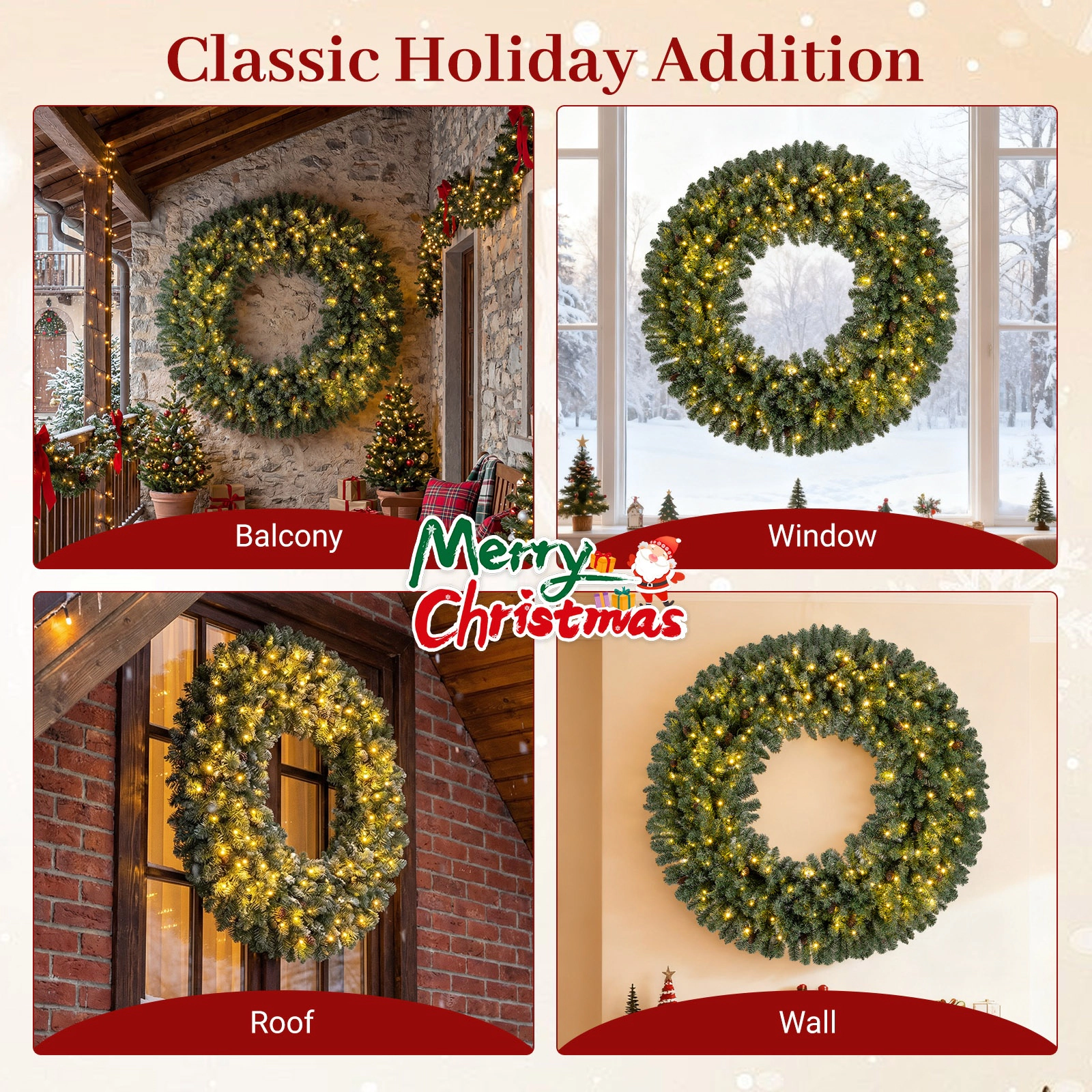 SUGIFT 60-in 200 Warm White LED Lights 680 Branch Tips Pre-Lit Christmas Wreath 24 Pine Cones 17-lb Green