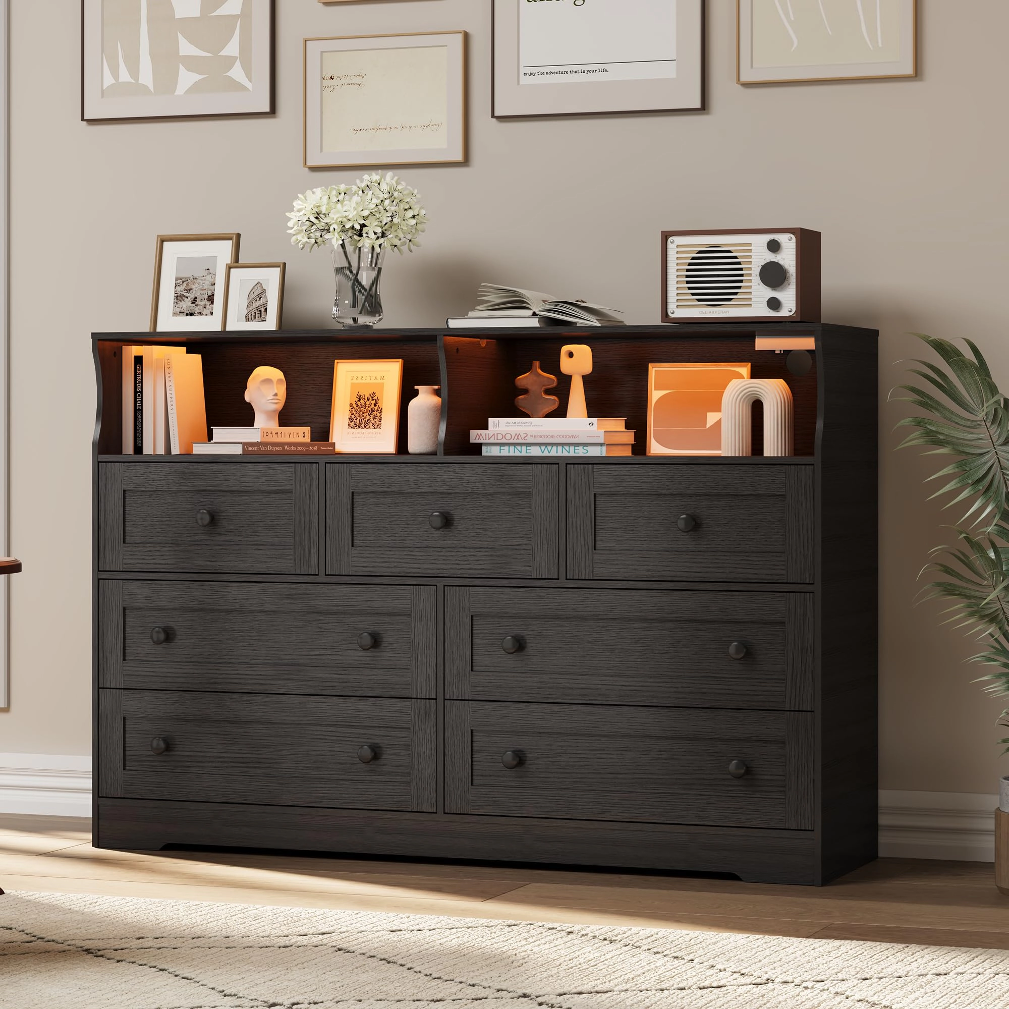7 Drawer Dresser with LED Lights & Charging Station, Wood Storage Chest with Open Shelves