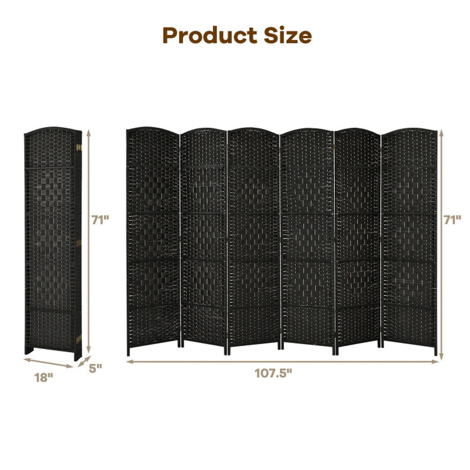 SUGIFT Handwoven Paper Fiber 6-Panel Folding Room Divider Screen 6.5-ft Tall Poplar Frame Black Brown