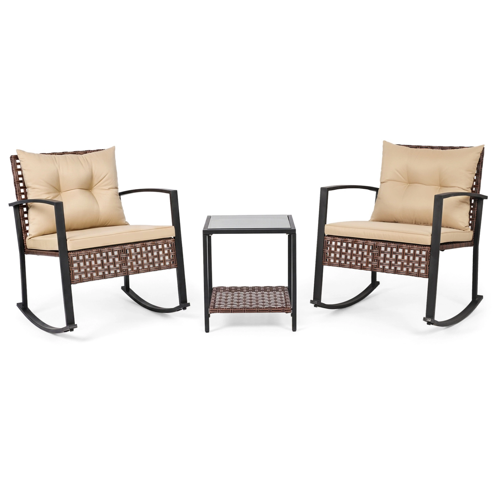 SUGIFT Brown Coffee Table and Thick Cushions 3-Piece Outdoor Wicker Rocking Chair Set