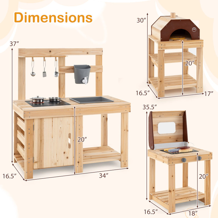 Hivvago 3-Piece Outdoor Kitchen Set Mud Kitchen With Separate Bbq Grill And Pizza Oven-Natural