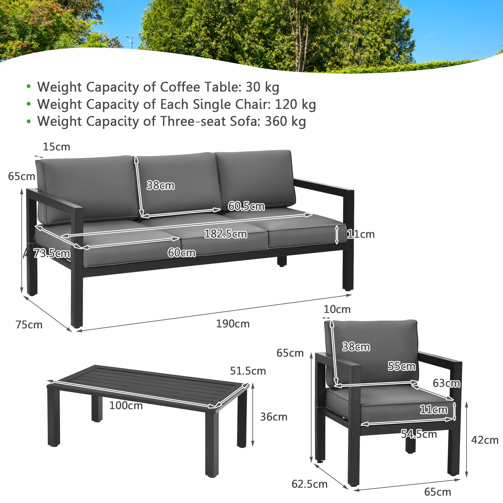 SUGIFT Gray 3-Seat Sofa 2 Chairs and Table 4-Piece Outdoor Aluminum Sofa Set