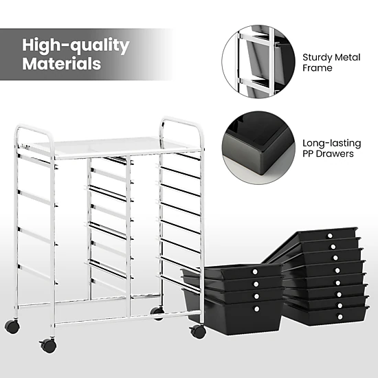SUGIFT Black 12-Drawer Rolling Utility Cart with Punched Top Lockable Swivel Casters and Removable Drawers