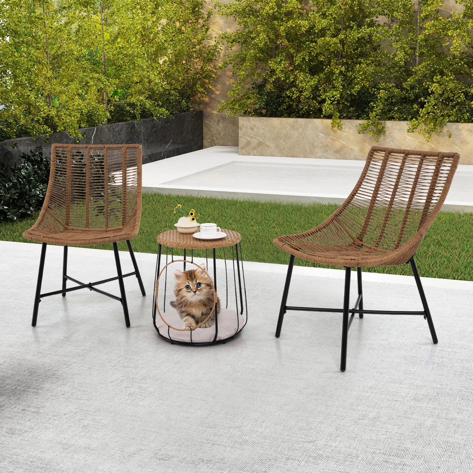 SUGIFT 2-in-1 Side Table and Pet House 3-Piece Brown Patio Rattan Chair Set