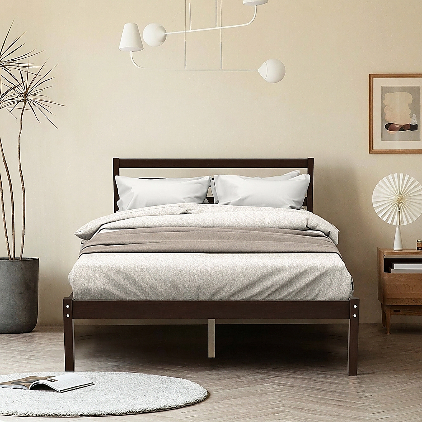SUGIFT Espresso Slat Headboard and Solid Wood Slats Full Size Wooden Bed Frame Foundation