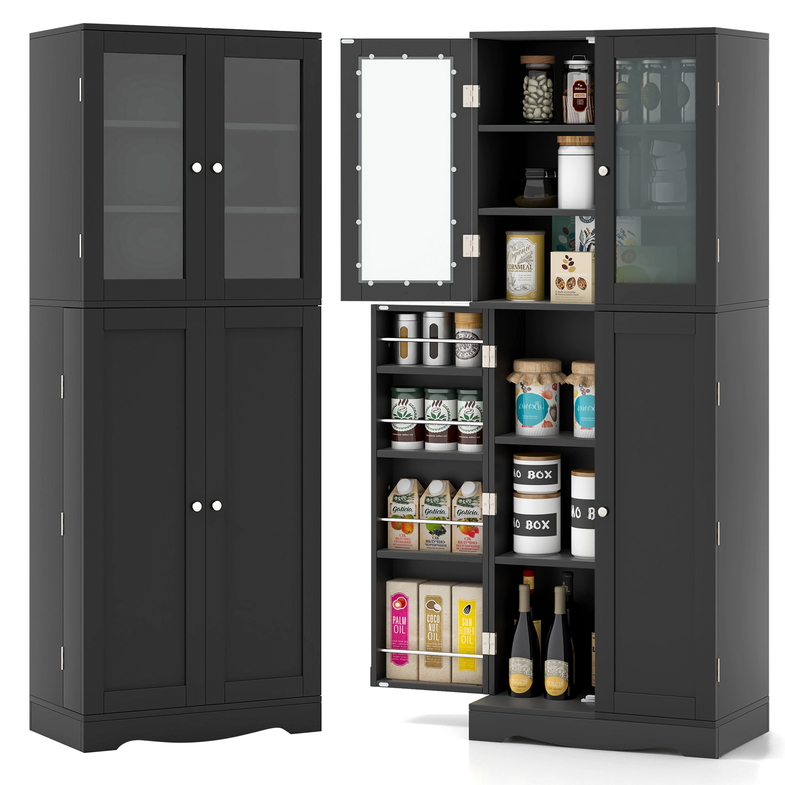 SUGIFT 63.5-in Glass Doors 4 Door Racks 3 Shelves Kitchen Pantry Cabinet 24-in x 12.5-in 50-lb per Shelf Black