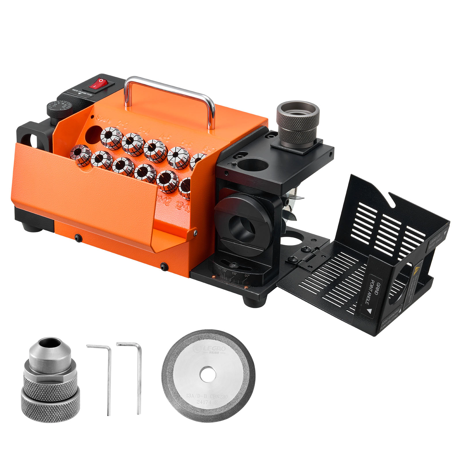 HONGGE Drill Bit Grinder with Adjustable Angle, 95°-135° Point Angle, Collets & CBN