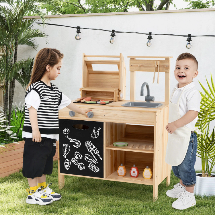 SUGIFT Wooden Barbecue Grill Playset with Chalkboard Sink and Cabinet 27-in Wide Countertop Ages 3+ 25-Piece Set Natural
