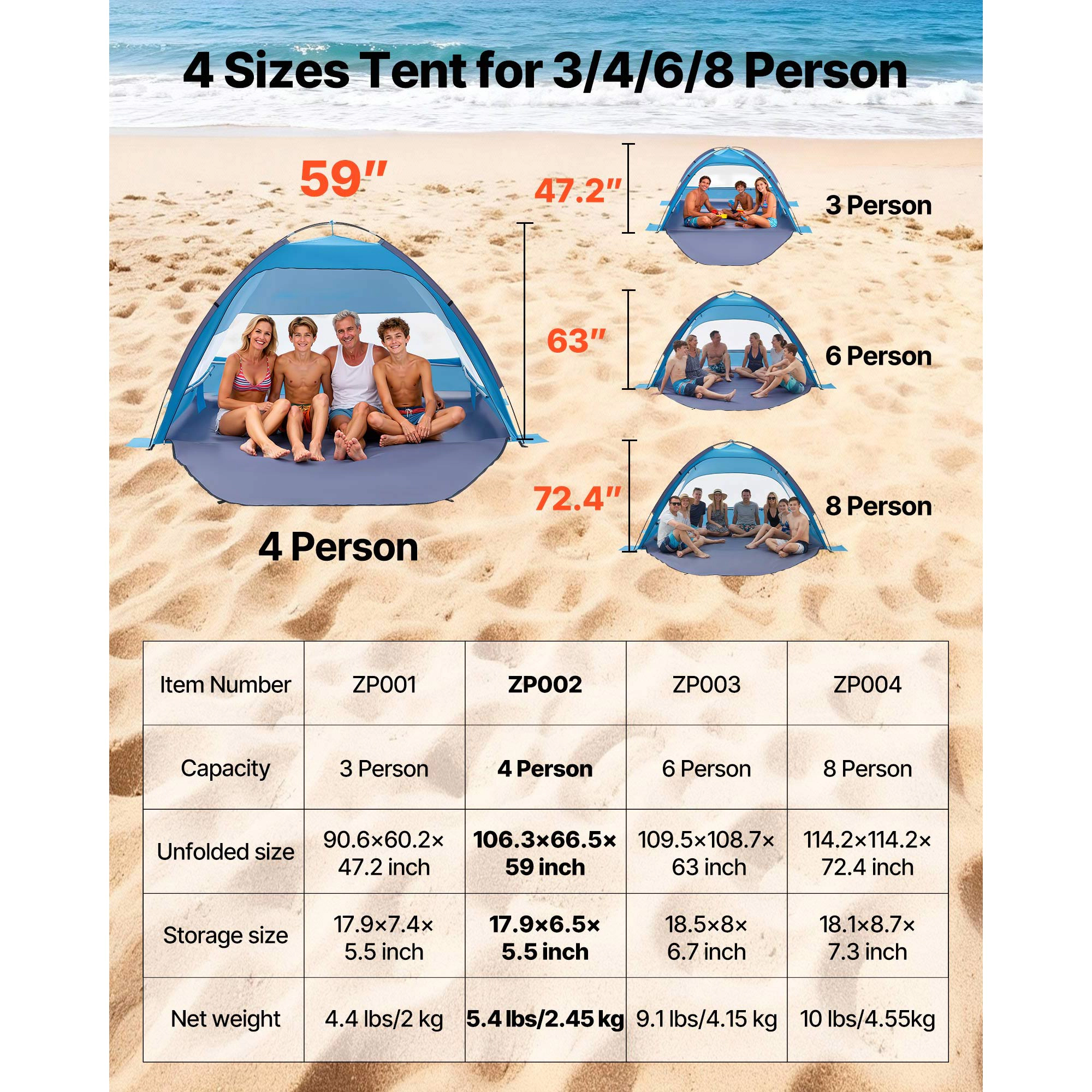 HONGGE Beach Tent Sun Shelter for 4 People, UPF 50+ Portable Sun Shade Canopy with Sand Pockets for Camping & Fishing