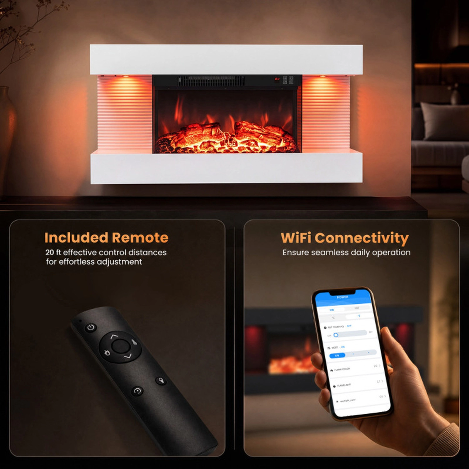 SUGIFT 3-Sided Wall Mount Electric WiFi Fireplace with Floating Mantel 32.3-in Wide 750W/1500W 5000-BTU Heater White