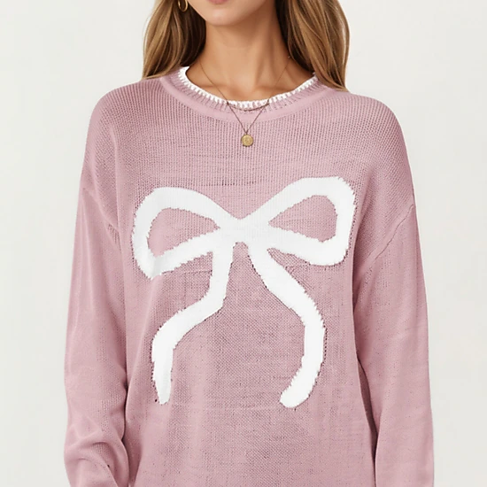 Anna-Kaci Women's Crew Neck Knit Sweater with Large Bow Graphic Design