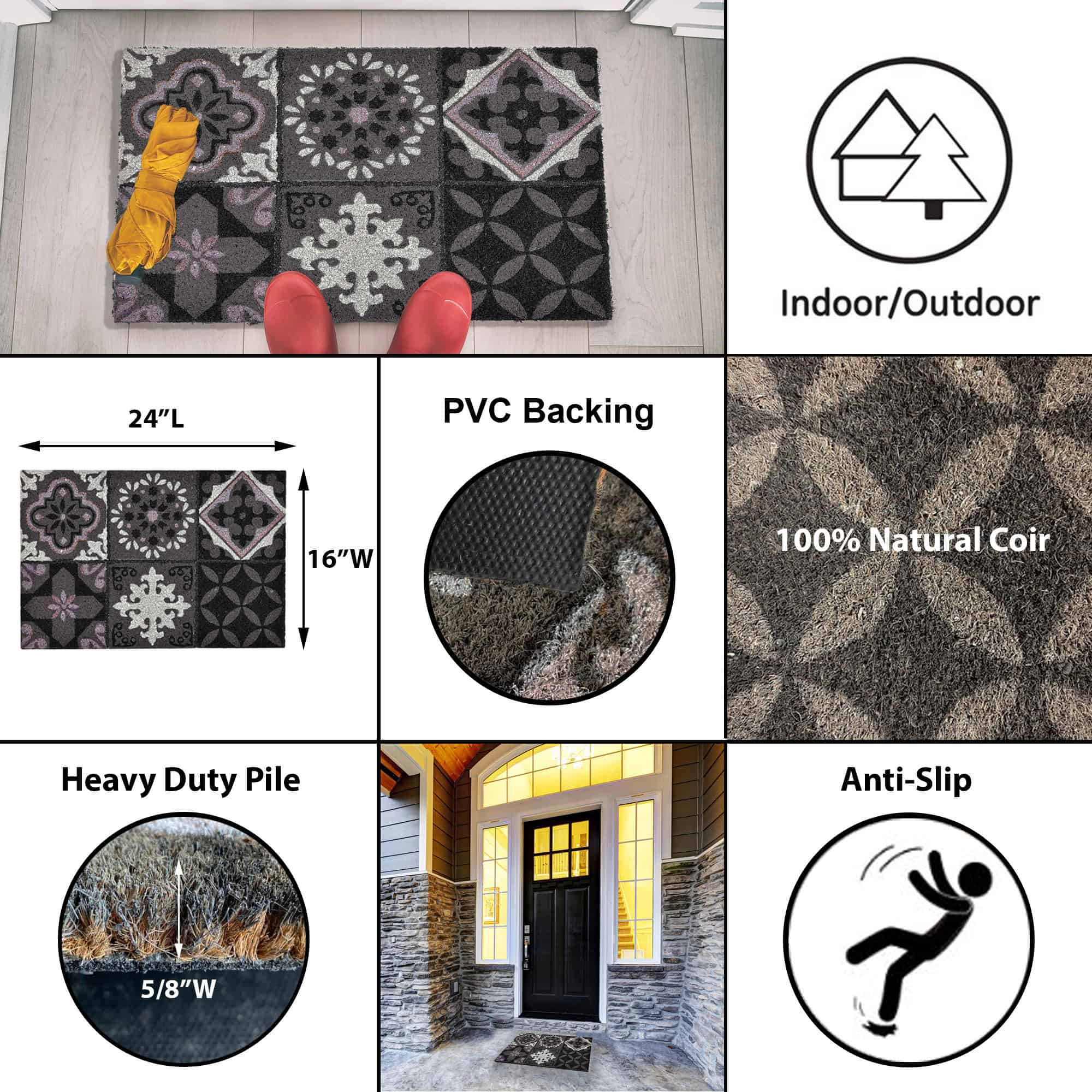 Evideco French Home Goods Gray Cement Tile Coir Doormat 24 x 16 Inches