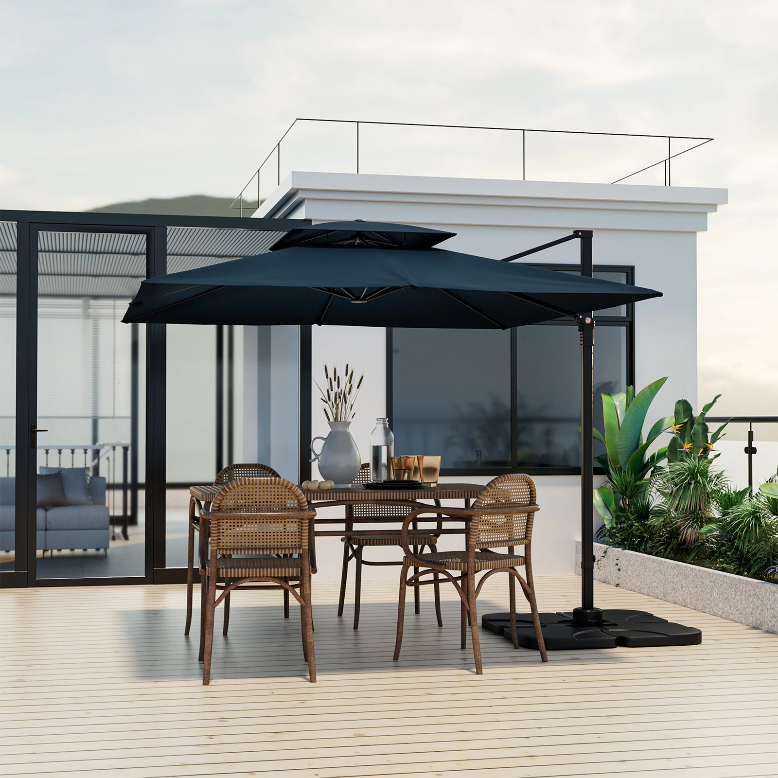 SUGIFT 9.5-ft Navy Offset Cantilever Patio Umbrella with Foot Pedal Rotation Vented Double Top and Cross Base