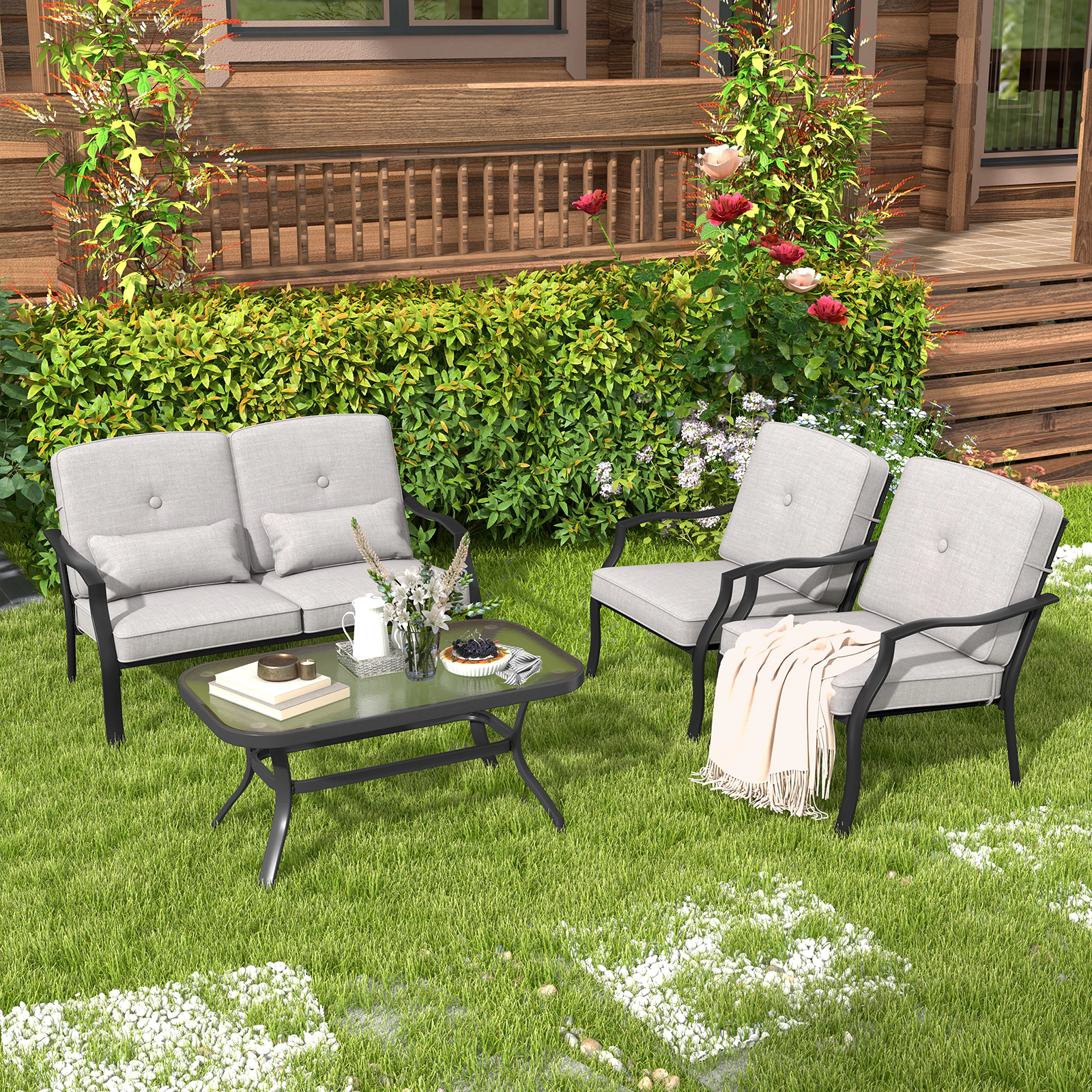 SUGIFT Outdoor Conversation Loveseat Set Tempered Glass Coffee Table 660-lb Loveseat Capacity Black Frame Gray Cushions