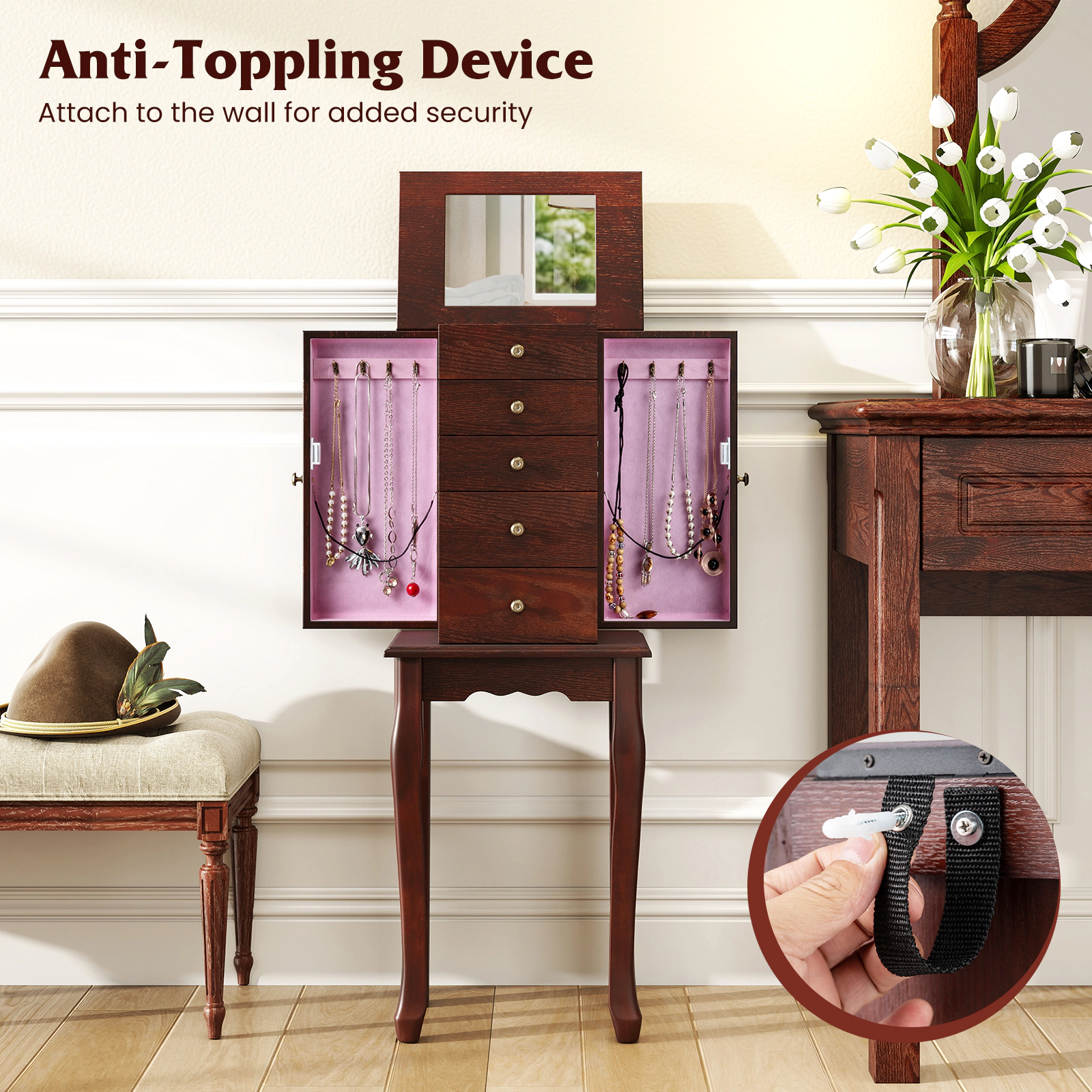 SUGIFT Standing Jewelry Armoire Cabinet with Mirror and 5 Drawers 34-in Tall 2-Compartment MDF Storage Brown