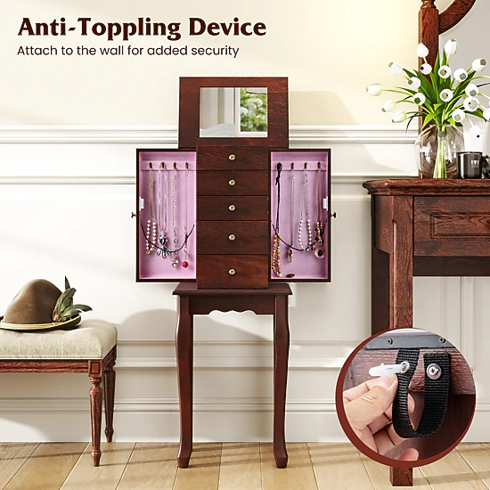 SUGIFT Standing Jewelry Armoire Cabinet with Mirror and 5 Drawers 34-in Tall 2-Compartment MDF Storage Brown