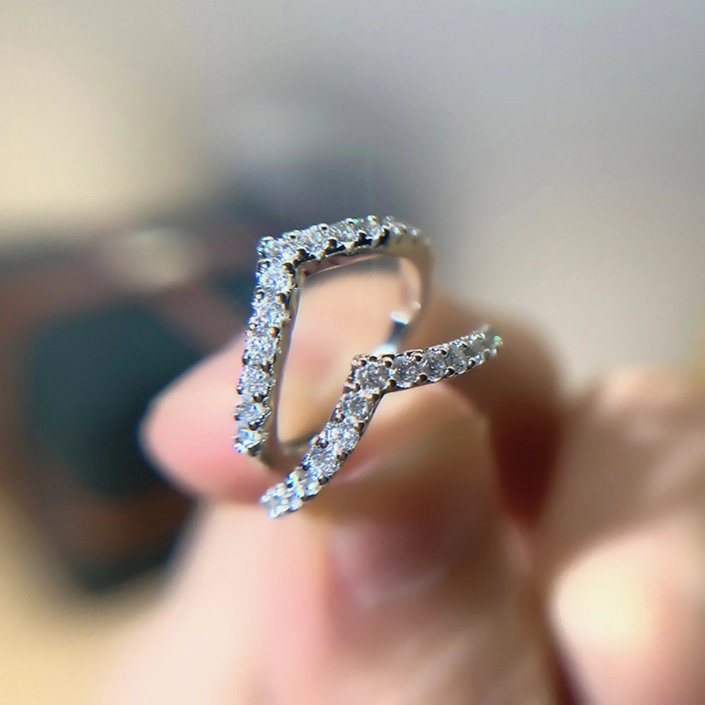 Wardrobe Whimsy V‑Shaped Pave Cubic Zirconia Adjustable Silver‑Tone Wedding Stackable Ring