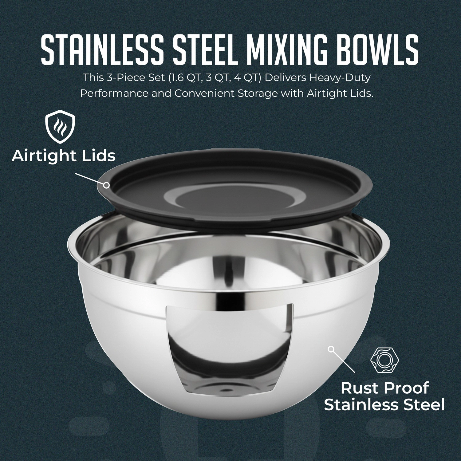 Luminuxe Stainless Steel Mixing Bowls w/ Lids, Set of 3 Durable Rust Resistant Nonslip Nesting Bowls for Cooking, Baking