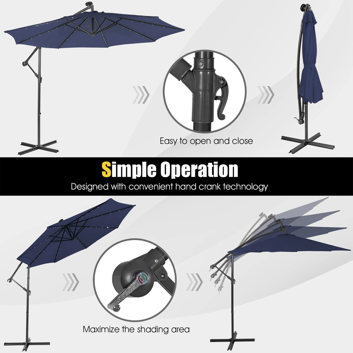 SUGIFT Solar Powered Cantilever Patio Umbrella with Tilting System and 32 LED Lights 10-ft Navy