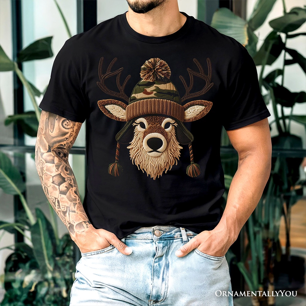 OrnamentallyYou Mens Deer Head Camo Hat Christmas T-Shirt