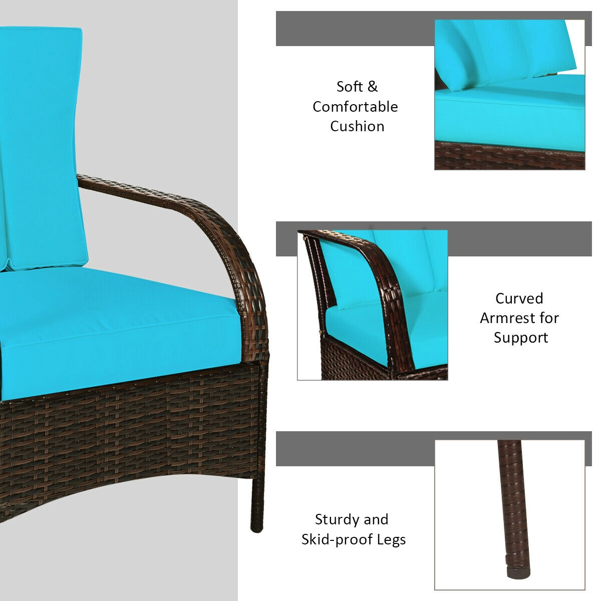 SUGIFT Patio Rattan Conversation Set with Glass Top Coffee Table 360-lb Chair Capacity with Cushions Turquoise